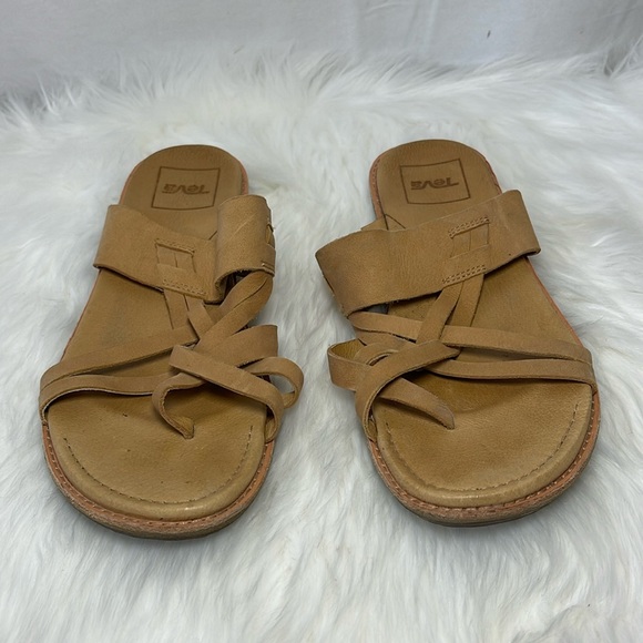 Teva Encanta Like New Tan Leather  Strappy Thong Slide Sandals Sz 10 - Picture 3 of 7